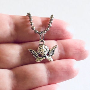 Baby Cherub Necklace, Silver Stainless Steel Chain Cherubs Baby Angel with Wings Charm Ball Chain Necklace