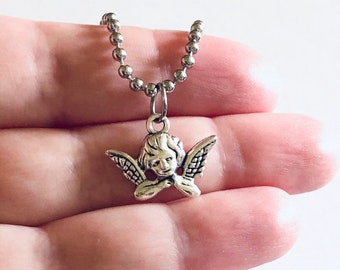 Baby Cherub Necklace, Silver Stainless Steel Chain Cherubs Baby Angel with Wings Charm Ball Chain Necklace