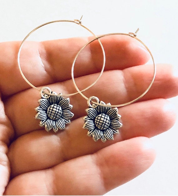 Sunflower Hoops Silver Sunflowers Hoop Earrings With Flower Charm