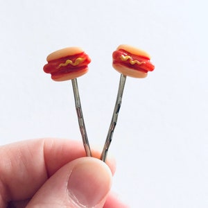 Hot Dogs Bobby Pins, Miniature Food Hair Clips, Kawaii Hair Accessories Hot Dog in Bun with Mustard image 1