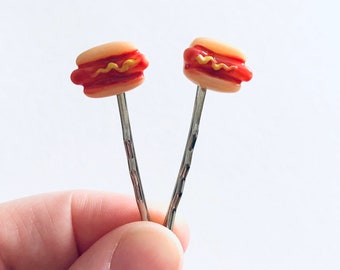 Hot Dogs Bobby Pins, Miniature Food Hair Clips, Kawaii Hair Accessories Hot Dog in Bun with Mustard