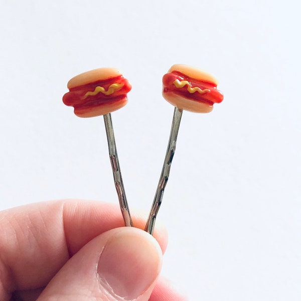 Hot Dogs Bobby Pins, Miniature Food Hair Clips, Kawaii Hair Accessories Hot Dog in Bun with Mustard