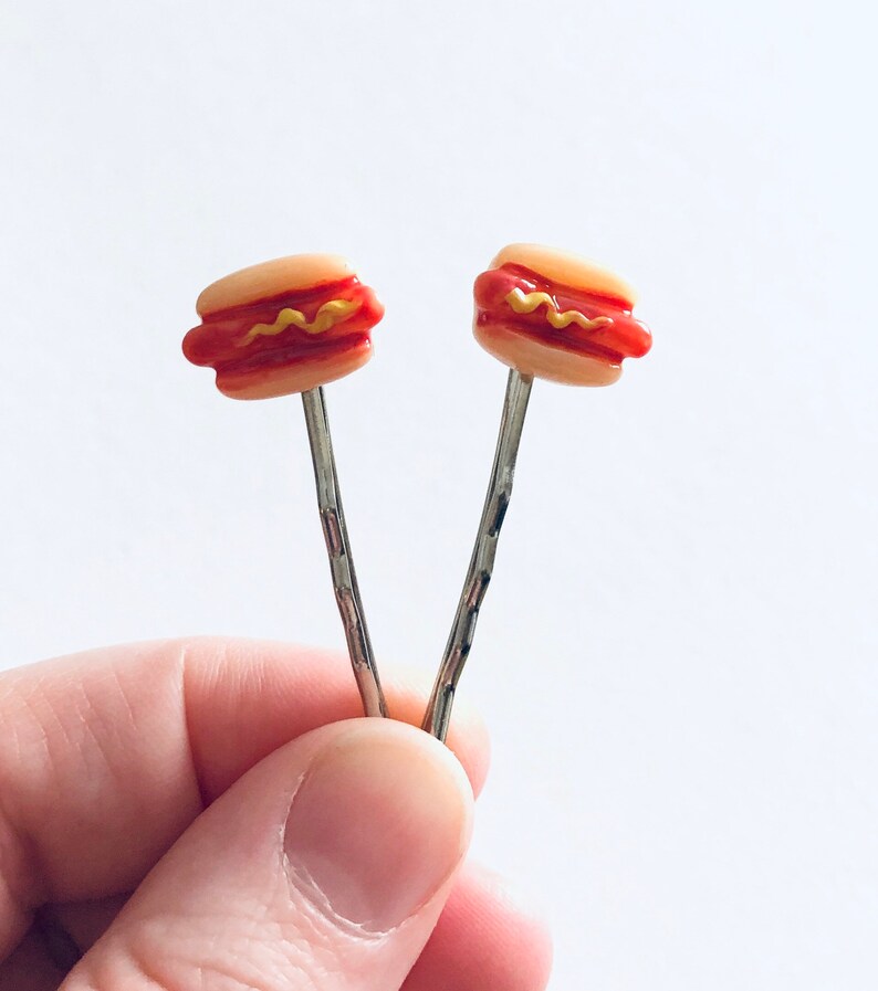 Hot Dogs Bobby Pins, Miniature Food Hair Clips, Kawaii Hair Accessories Hot Dog in Bun with Mustard image 1