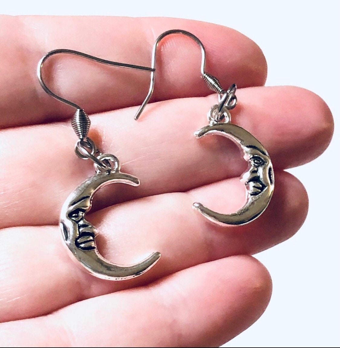Silver Metal Mini Tiny Crescent Moons Celestial Stellar Hook Earrings Night Gothic Pagan