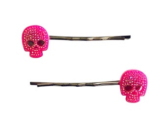 Glitter Pink Skulls Bobby Pins, Skeleton Skull Hair Clips Goth Gothic