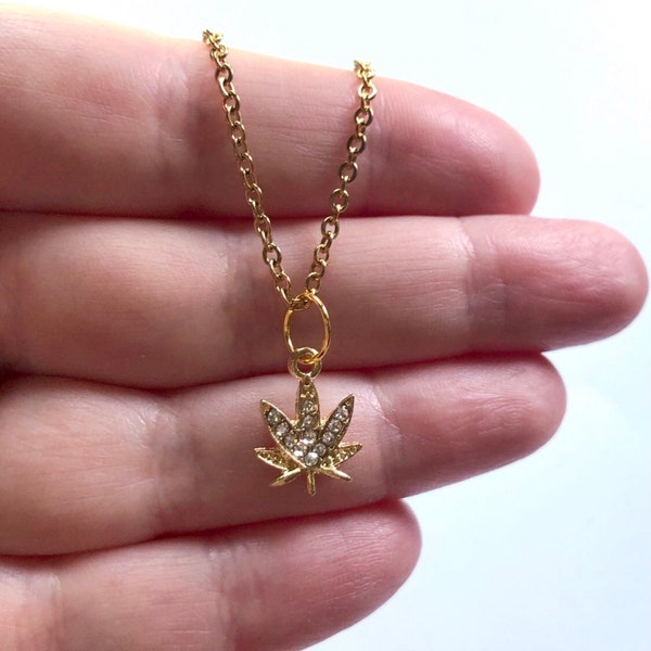 Gold Weed Necklace, Gold Plated Marijuana Necklace with Rhinestones, Herbal Remedy Maple Leaf Nature Boho