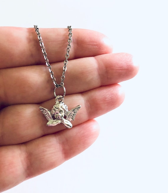 Silver Cherub Necklace 18 Stainless Steel Chain Baby Angel