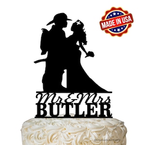 MADE In USA, Personalized Fireman and Nurse Wedding Cake Topper, Nurse Hair Down, Fireman Nurse Wedding Cake Topper, Firefighter Topper