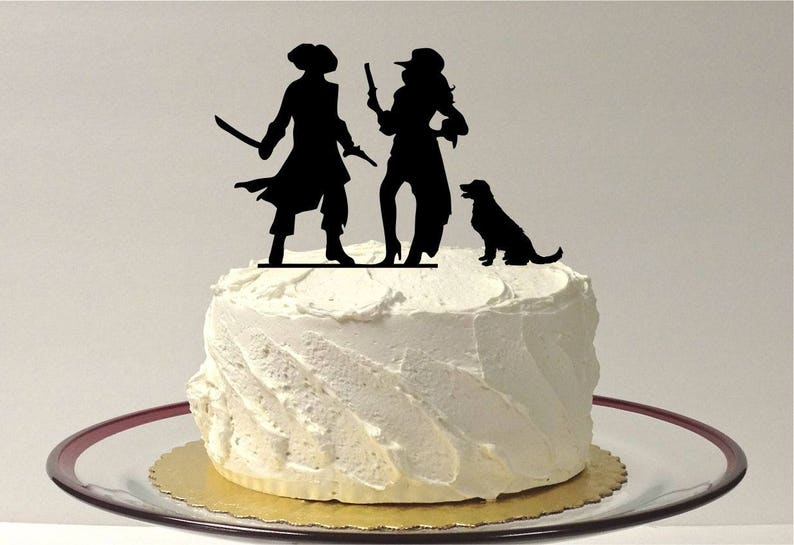 MADE In USA, Pirate Wedding Cake Topper with Dog, Fun Pirates Wedding Cake Topper, Silhouette Pirate Wedding Cake Topper Pirates Party image 1