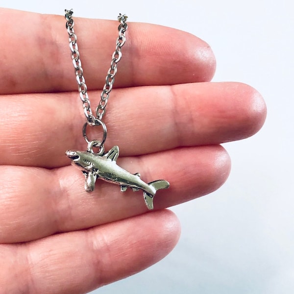 Shark Necklace, Silver Shark Necklace Great White Sea Ocean Creature, Sharks Jewelry, Stainless Steel Chain Goth Egirl