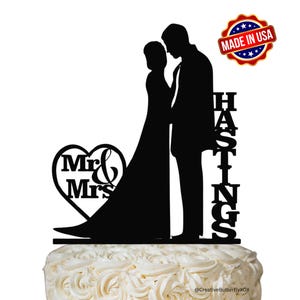 MADE In USA, Custom Cake Topper Mr and Mrs Personalized Silhouette Bride & Groom Wedding Cake Topper, With Your Family Last Name
