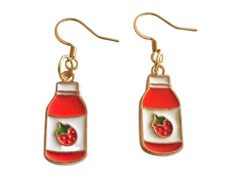 Strawberry Milk Bottle Earrings, Gold Plated Ear Hooks, Cute Kawaii Egirl