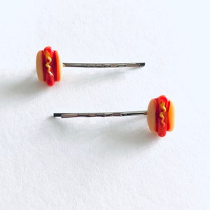 Hot Dogs Bobby Pins, Miniature Food Hair Clips, Kawaii Hair Accessories Hot Dog in Bun with Mustard image 4