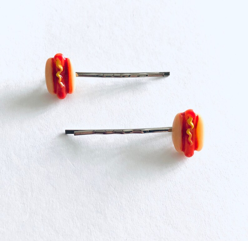 Hot Dogs Bobby Pins, Miniature Food Hair Clips, Kawaii Hair Accessories Hot Dog in Bun with Mustard image 4