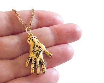 Gold Palmistry Hand Necklace, Divination Dainty Gold Plated Chain, Wicca Witchy Woman