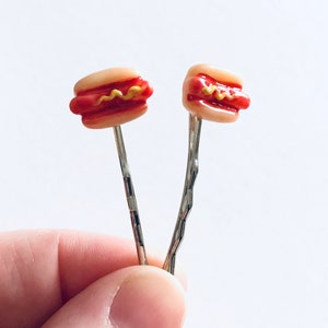 Hot Dogs Bobby Pins, Miniature Food Hair Clips, Kawaii Hair Accessories Hot Dog in Bun with Mustard image 3