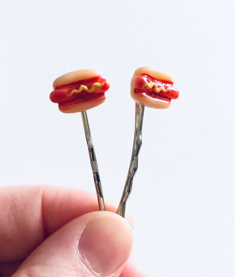 Hot Dogs Bobby Pins, Miniature Food Hair Clips, Kawaii Hair Accessories Hot Dog in Bun with Mustard image 3