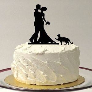 MADE In USA, Cat + Bride & Groom Silhouette Wedding Cake Topper With Pet Cat Family of 3 Silhouette Wedding Cake Topper Bride and Groom