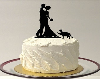 MADE In USA, Cat + Bride & Groom Silhouette Wedding Cake Topper With Pet Cat Family of 3 Silhouette Wedding Cake Topper Bride and Groom