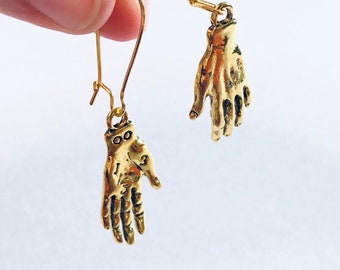 Gold Palmistry Hand Earrings, Drop Dangle Earrings, Witchy Woman Divination Wicca Wiccan spells