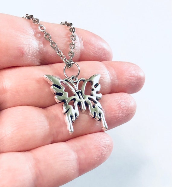 Silver Butterfly Engraved Padlock Charm Necklace