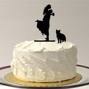 MADE In USA, Cat Bride Groom Silhouette Wedding Cake Topper Pet Cat Groom Lifting Up Bride Family of 3 Silhouette Wedding Cake Topper image 1