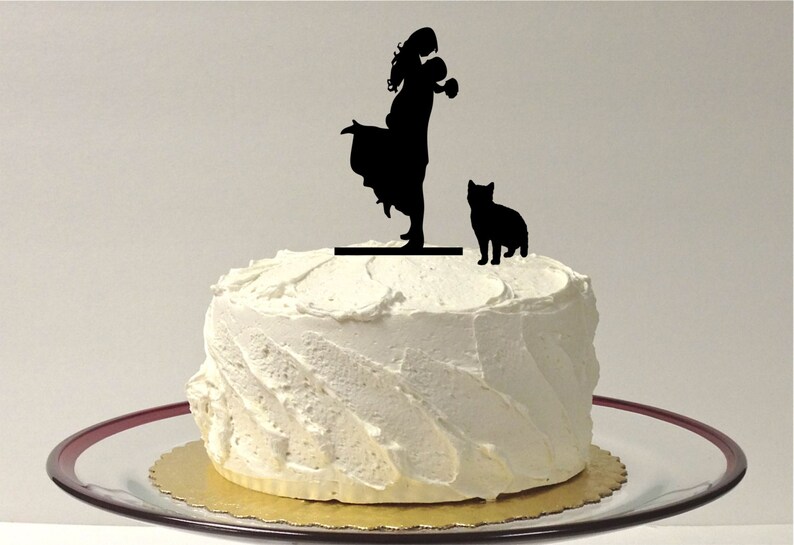 MADE In USA, Cat Bride Groom Silhouette Wedding Cake Topper Pet Cat Groom Lifting Up Bride Family of 3 Silhouette Wedding Cake Topper image 1