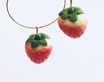 Strawberry Hoop Earrings, Gold Toned Strawberry Charm Hoops Jewerly Kawaii Cute