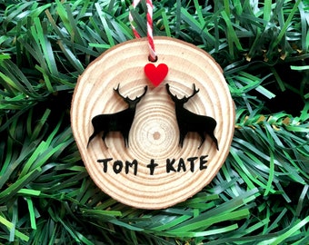 Couple Ornament Personalized Wood Tree Slice, Couple Reindeer Ornament, Moose Ornament, Gift For Boyfriend Husband Wife Girlfriend