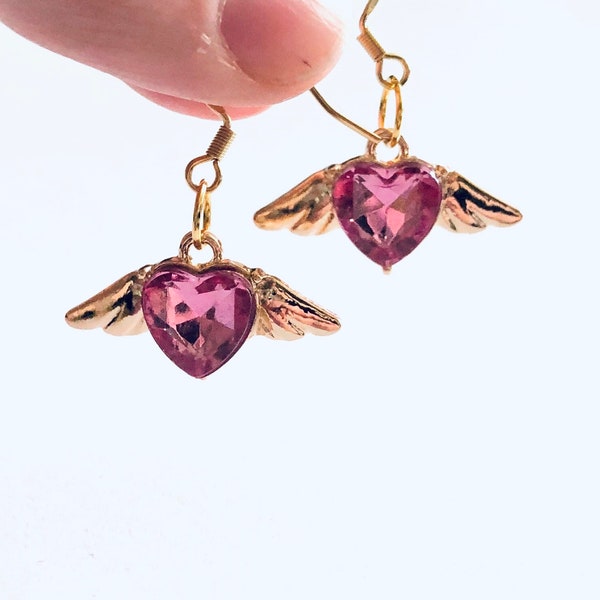 Gold Pink Heart Angel Wings Earrings, Gold Plated Ear Hooks, Drop Dangle Angel Earrings,