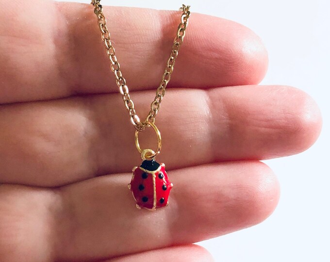 Gold Ladybug Necklace, Red Ladybug Necklace Chain, Gold Plated