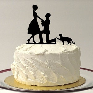 MADE In USA, Cat Bride & Groom Silhouette Wedding Cake Topper With Pet Cat Family of 3 Silhouette Engagement Cake Topper Bride and Groom image 1