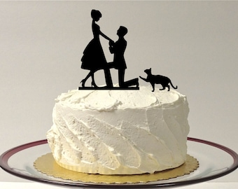 MADE In USA, Cat + Bride & Groom Silhouette Wedding Cake Topper With Pet Cat Family of 3 Silhouette Engagement Cake Topper Bride and Groom