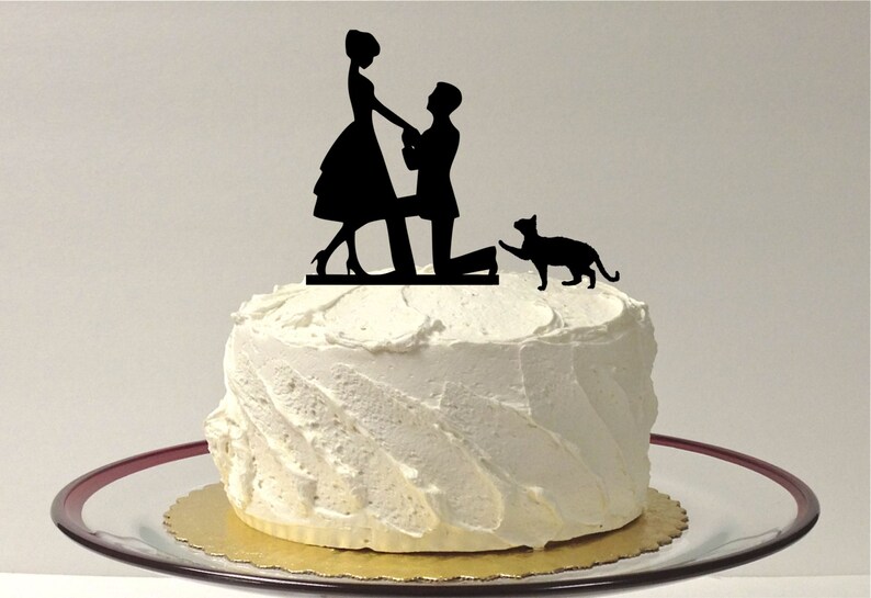 MADE In USA, Cat Bride & Groom Silhouette Wedding Cake Topper With Pet Cat Family of 3 Silhouette Engagement Cake Topper Bride and Groom image 1