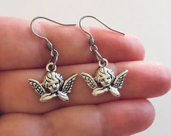 Silver Cherub Earrings, Angel Earrings, Heaven Sent, Angel with Wings, Kidcore Aesthetic Cute, Stainless Steel Fish Hooks
