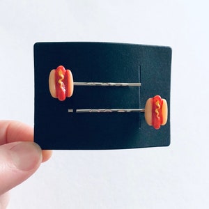 Hot Dogs Bobby Pins, Miniature Food Hair Clips, Kawaii Hair Accessories Hot Dog in Bun with Mustard image 5