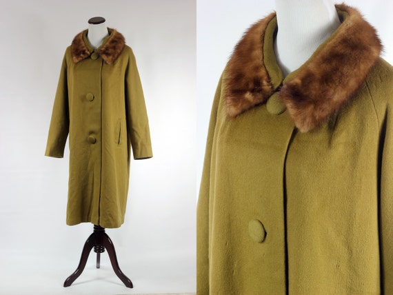 1960s Fur Collar Olive Green Wool Coat