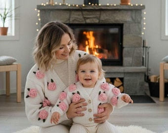 Hand-Knitted Wool Cardigan: Pink Rose Floral, Cozy Oversized Sweater
