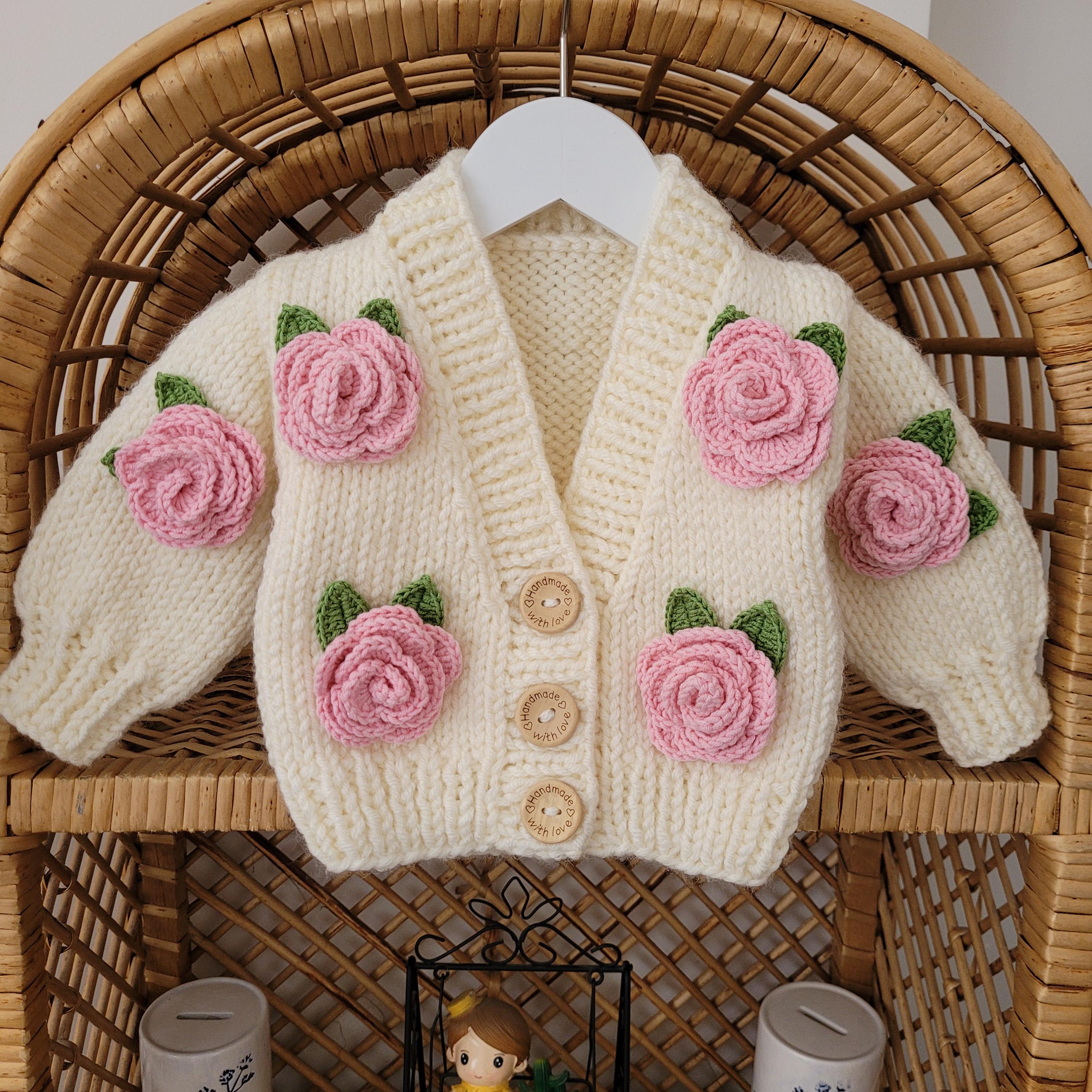 Handmade Baby Cardigan: Knitted Sweater with Crochet Pink Roses