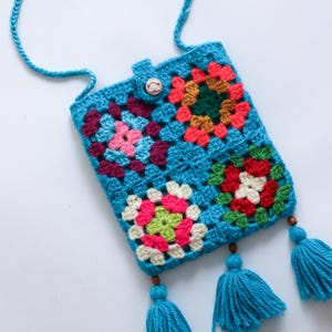 Handgemachte Türkis-blaue häkeln Oma Quadrat Tasche mit langem Riemen, bunte Wollgarn stricken Crossbody Handtasche, Boho Stil Umhängetasche für Sie