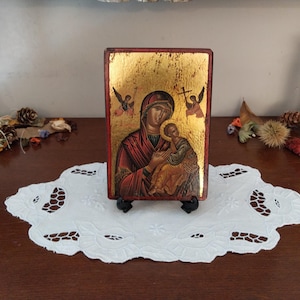 Genuine handmade Byzantine icon on gold leaf, Holy Virgin Mary with Child Jesus