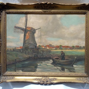 Oil painting on canvas signed, *Flemish Mill and Fisherman* early 20th century, magnificent period frame