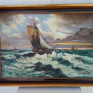 Obraz olejny sygnowany J.HOBOOET regaty morskie, dzieło holenderskie oprawione w połowie XX wieku