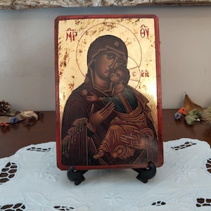 Genuine handmade Byzantine icon on gold leaf, Holy Virgin Mary and Child Jesus