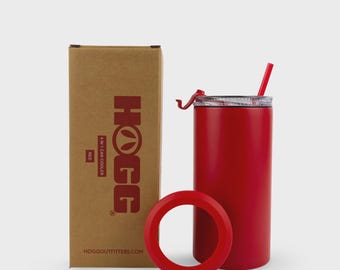 RED 4 in 1 can cooler and cup with integrated bottle opener.