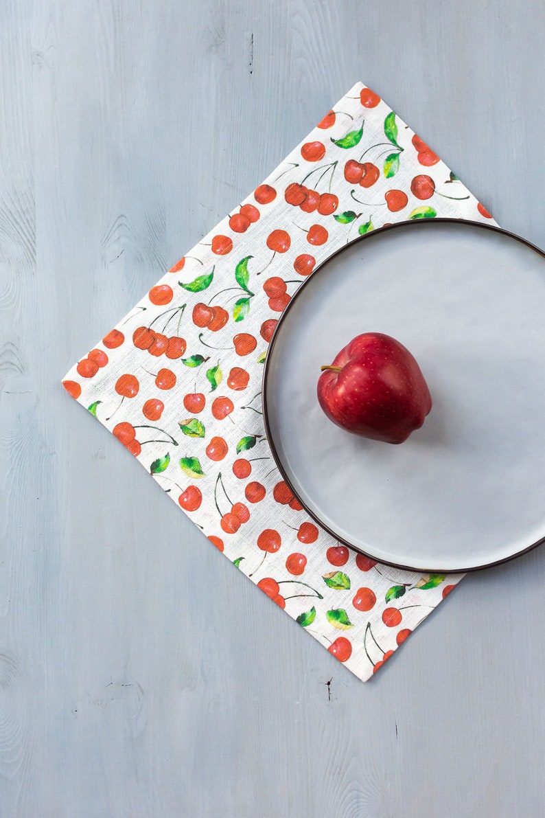 Cherry on White Linen Napkins. Napkins Bulk. image 1