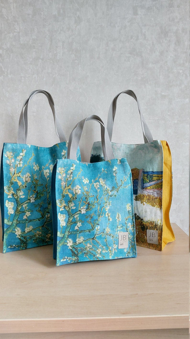 Linen Eco Friendly Lunch bag, Canvas Lunch Bag, Bag inspired by Van Gogh, Almond blossom image 2