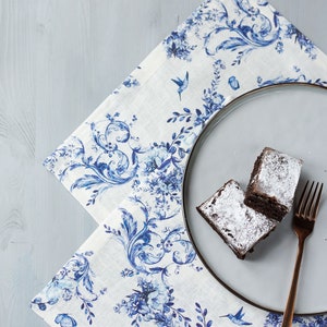 Toile de jouy Linen Napkins. Blue flowers and hummingbird print Linen napkins for dining table. image 5