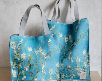 Linen Eco Friendly Lunch bag, Canvas Lunch Bag, Bag inspired by Van Gogh, Almond blossom