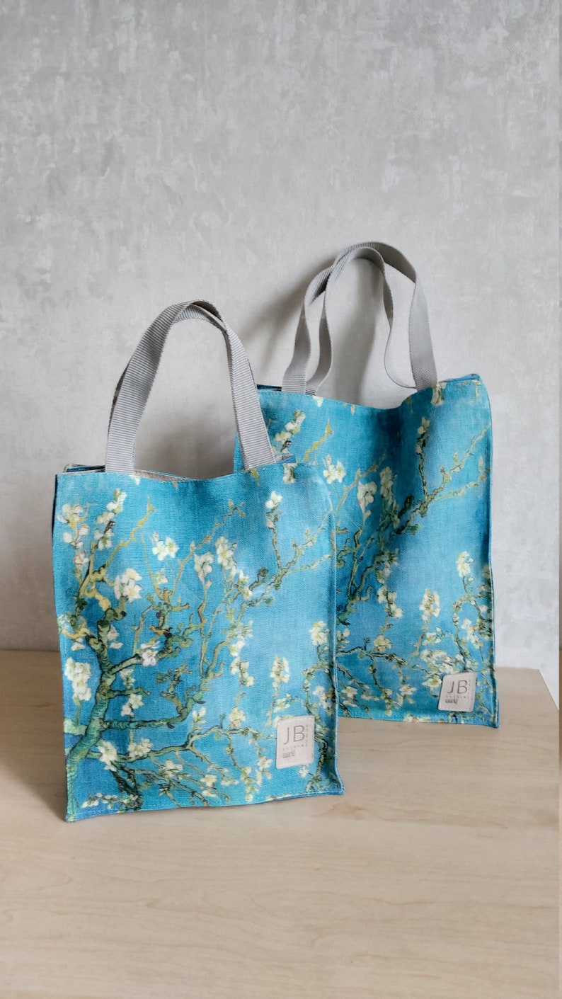 Linen Eco Friendly Lunch bag, Canvas Lunch Bag, Bag inspired by Van Gogh, Almond blossom image 1